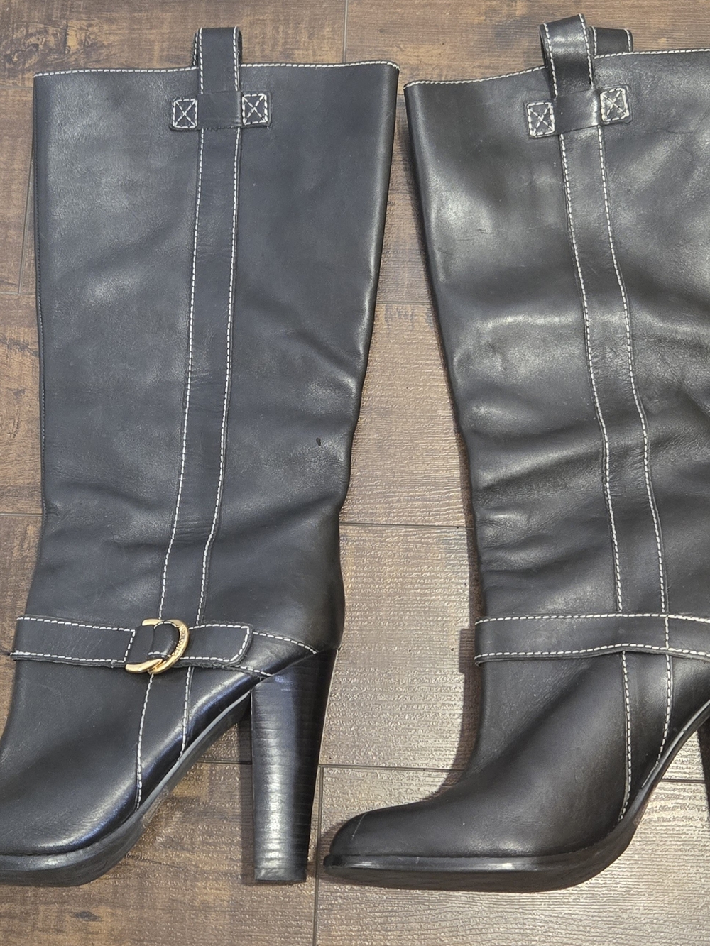Ralph Lauren Black Leather Stacked Heel Pull-On Boots